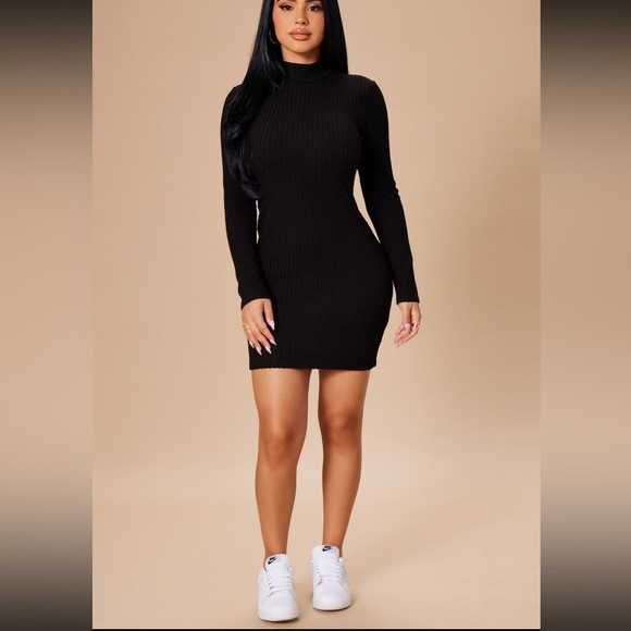 This is a black long sleeve, mock neck mini dress - Picture 1 of 3